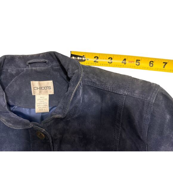 Chico's Genuine Leather Jacket Dark Blue Size 1 With Designer Metal buttons - Picture 6 of 8